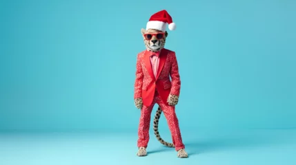 Gartenposter stylish cheetah in suit with christmas hat, merry christmas, xmas wallpaper with copy space © Muhammad Irfan