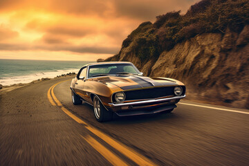 A classic sports car driving on the road, AI generated - obrazy, fototapety, plakaty