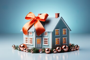 Cottage is a Christmas gift. 3d model of new toy blue house with white windows, flue and light inside. Red gift ribbon and gold Christmas balls. Light blue background.