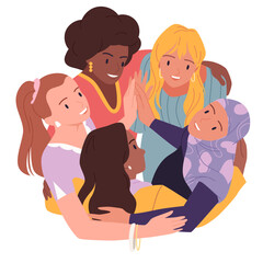 Cartoon happy multicultural group of different female friends standing in circle, global symbol of sisterhood power, solidarity. Support and hugs of community of diverse women vector illustration