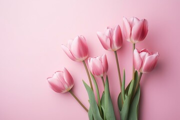 Beautiful pink tulips, seen from above, set against a subtle background. Generative AI
