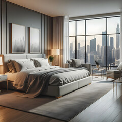 Modern Contemporary City Apartment, Condo Interior Bedroom. Big Windows with View of the City.  Furniture of Double Bed, Chair, End Table, Green Plant, Throw Rug on Wood Floor, & Wall Art Decorations 