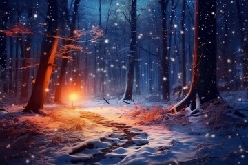 Winter night in the woods. Road through the snowy forest at night