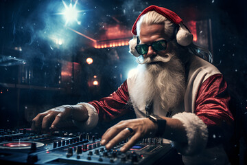 New Year DJ, music console, Santa Claus DJ, winter holidays concept, winter season, winter disco,...