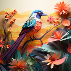 Vibrant 3D Paper Art Scenery Featuring a Bird