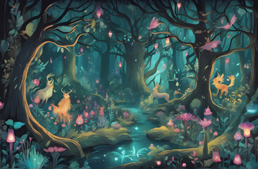 Beautiful fantasy forest with trees and fawns. Vector illustration, beautiful, fantasy forest, trees, fawns, vector illustration, enchanted woods, magical landscape, whimsical trees, woodland