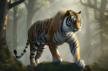 Fototapeta na wymiar Tiger in the forest. 3d rendering. Computer digital drawing, tiger, forest, 3d rendering, computer digital drawing, wildlife illustration, jungle cat, exotic animal, realistic art, wild animal in 3d