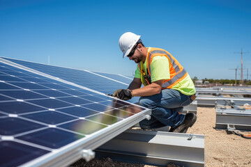 A worker is installing and inspecting solar panels