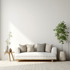 Fototapeta na wymiar Nordic simple living room, white sofa, flat background style, clean and simple design, natural lighting