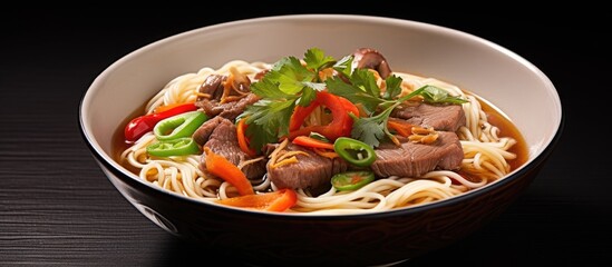 Vegetable and duck noodle soup in a white bowl