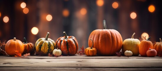 Thanksgiving themed background with pumpkins vegetables and bokeh lights on a wooden table