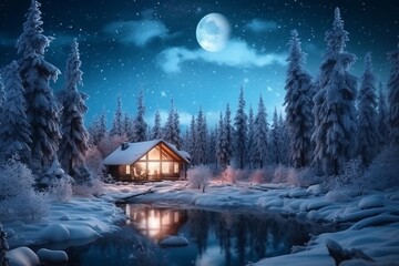 Fototapeta premium Beautiful winter landscape with snow covered trees and wooden house on lake. Winter landscape with wooden house on the bank of the river at night.