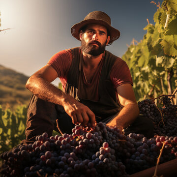 Fotografia con detalle de atractivo granjero recolectando uvas en un campo