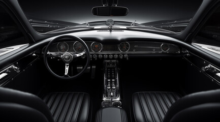 view of classic race car interior, in the style of monochromatic elegance