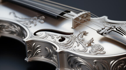 a 3d model of a violin with intricate carving on it, in the style of silver and gray