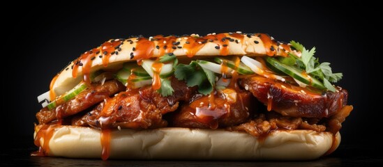 Street food in bun featuring Korean style pork belly - obrazy, fototapety, plakaty