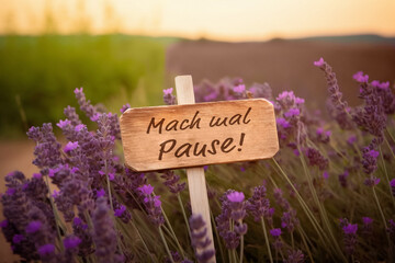 Holzschild im Lavendelfeld mit der Aufschrift "Mach mal Pause"