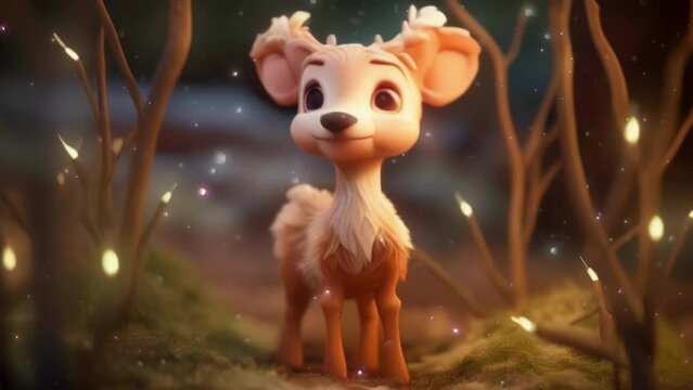 Christmas Reindeer in a Lit Up Forest with Falling Snow. Claymation Stop Motion Style Character. Looping. Animated Background / Wallpaper. VJ / Vtuber / Streamer Backdrop. Seamless Loop.