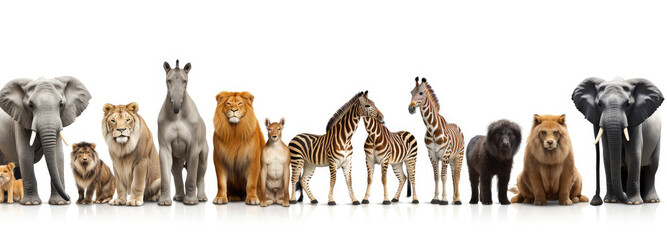 Some animals are neatly lined up in front of a white background