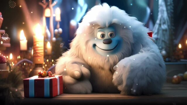 Christmas Yeti with Gifts and Falling Snow. Claymation Stop Motion Style Character. Looping. Animated Background / Wallpaper. VJ / Vtuber / Streamer Backdrop. Seamless Loop.