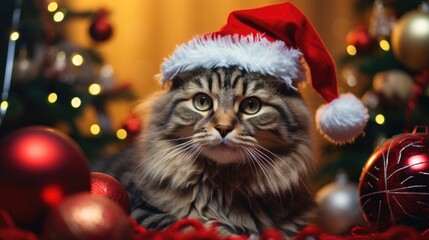 cat wearing christmas hat surrounded by christmas decorations.