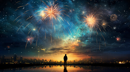 Image of a man standing with his back against the background of the night sky with fireworks. Generative AI - obrazy, fototapety, plakaty