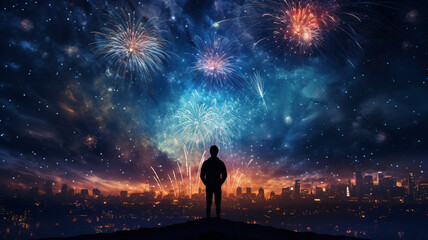 Image of a man standing with his back against the background of the night sky with fireworks. Generative AI - obrazy, fototapety, plakaty