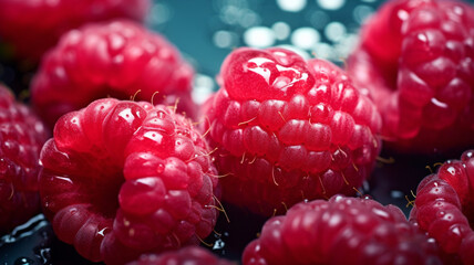 A vivid red raspberry captured up close, adorned with glistening droplets of dew, showcasing crisp...