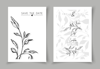 Set of cards minimal hand drawn branch elements in line art style. Botanical leaves frame template. Editable vector design card for advertising, cover, wedding invitation, poster or save the date.