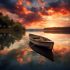 Fondo natural con paisaje de barca en un lago con cielo anaranjado al atardecer