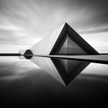 Fotografia en blanco y negro de de edificio de estilo triangular y moderno