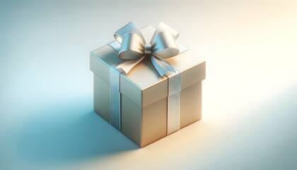 Obraz premium A single, elegant gift box wrapped in muted gold paper, tied with a delicate silver ribbon, set against a soft gradient background.
