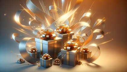 A dynamic scene where gift boxes wrapped in metallic paper float in mid-air, with radiant golden ribbons creating a festive ambiance.