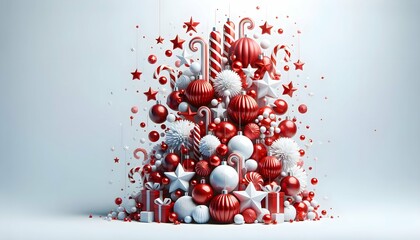A banner with a cascade of red and white baubles, stars, and candies floating from the top. The central portion remains bold red.