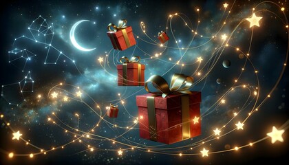 Floating red gift boxes with golden ribbons interconnected by strands of sparkling fairy lights, set against a whimsical night sky with constellations and a crescent moon.