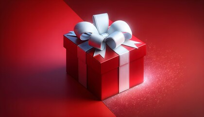 A single, large red gift box wrapped in a glossy finish with a bright white ribbon, set against a vivid crimson background on the left.