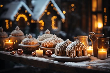 Gingerbread houses and candles on a wooden table. Christmas gingerbread house and candy canes on a wooden background. Christmas background.