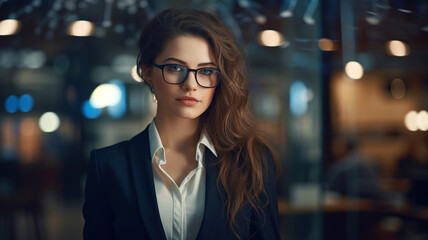Naklejka premium Beautiful business lady in magnifying glasses. Generative AI 