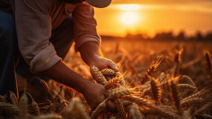 farmer in the wheat field at sunset