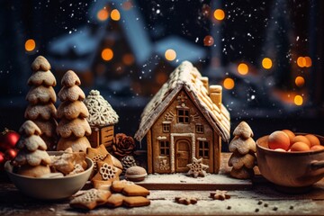 Christmas gingerbread houses on wooden table with bokeh background.. Pastries in the form of houses. Festive scene with holiday pastries. Christmas and New Year background.
 - obrazy, fototapety, plakaty