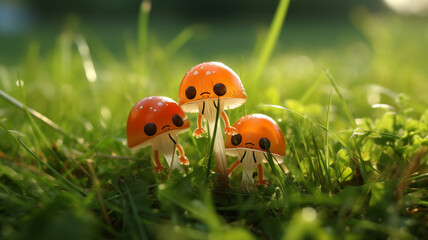 Cheerful mushrooms with funny faces sit in the juicy green grass, radiating joy from the beginning of a new day.