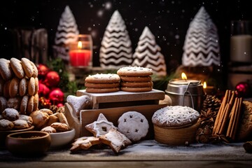 Obraz na płótnie Canvas Christmas cookies on a wooden table with candles in the background. Selective focus. Holiday.