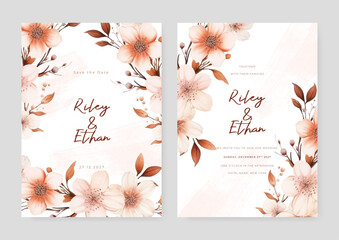 Peach sakura modern wedding invitation template with floral and flower © SyahCreation