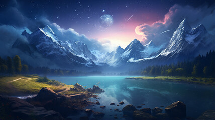 beautiful night starry sky with mountains and lake - obrazy, fototapety, plakaty