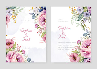 Fototapeta na wymiar Pink peony luxury wedding invitation with golden line art flower and botanical leaves, shapes, watercolor