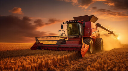 Fototapeta premium combine harvester working in wheat field at sunset.