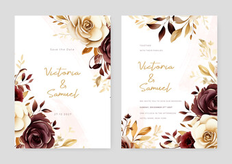 White and brown rose set of wedding invitation template with shapes and flower floral border