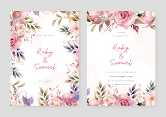 Fototapeta na wymiar Pink and beige rose elegant wedding invitation card template with watercolor floral and leaves