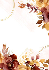 Brown and yellow vector frame with foliage pattern background with flora and flower