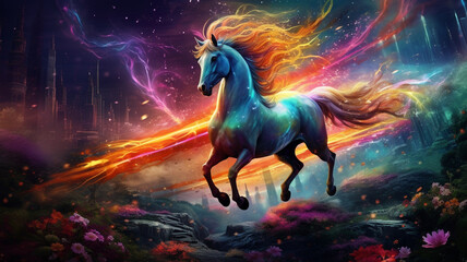 Obraz na płótnie Canvas Magic unicorn on rainbow background. Generative AI 